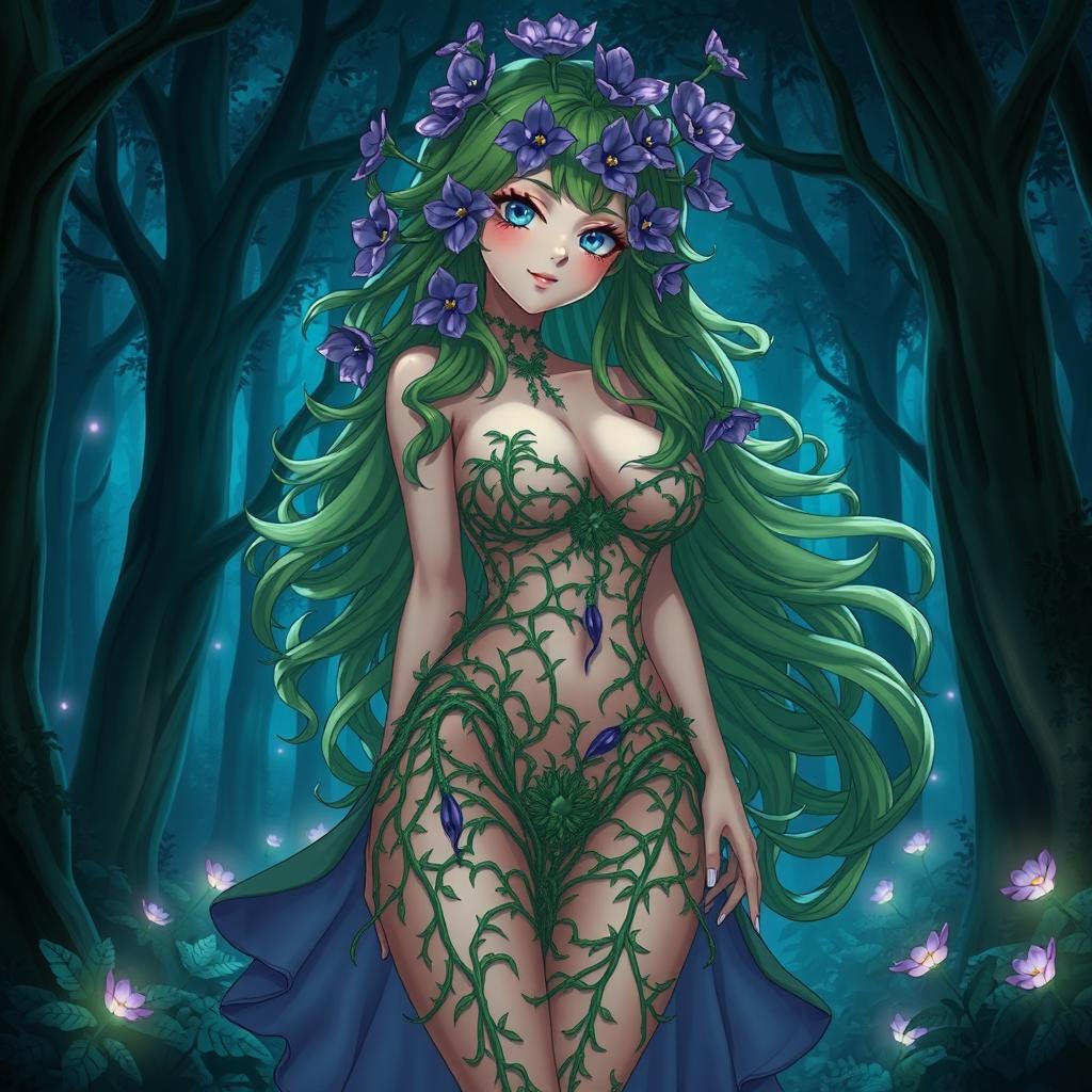 A captivating anime depiction of a plant girl with long, wavy green hair adorned with striking purple flowers