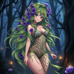 A captivating anime depiction of a plant girl with long, wavy green hair adorned with striking purple flowers