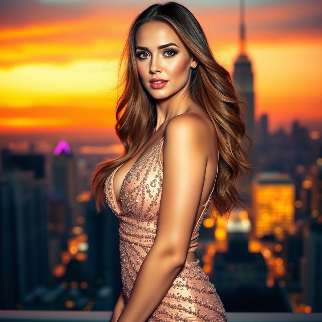 A stunning portrait of a glamorous woman standing confidently in front of a vibrant city skyline at sunset