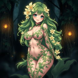 An enchanting anime illustration of a plant girl with long, wavy green hair adorned with elegant cream white flowers
