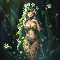 An enchanting anime illustration of a plant girl with long, wavy green hair adorned with elegant cream white flowers