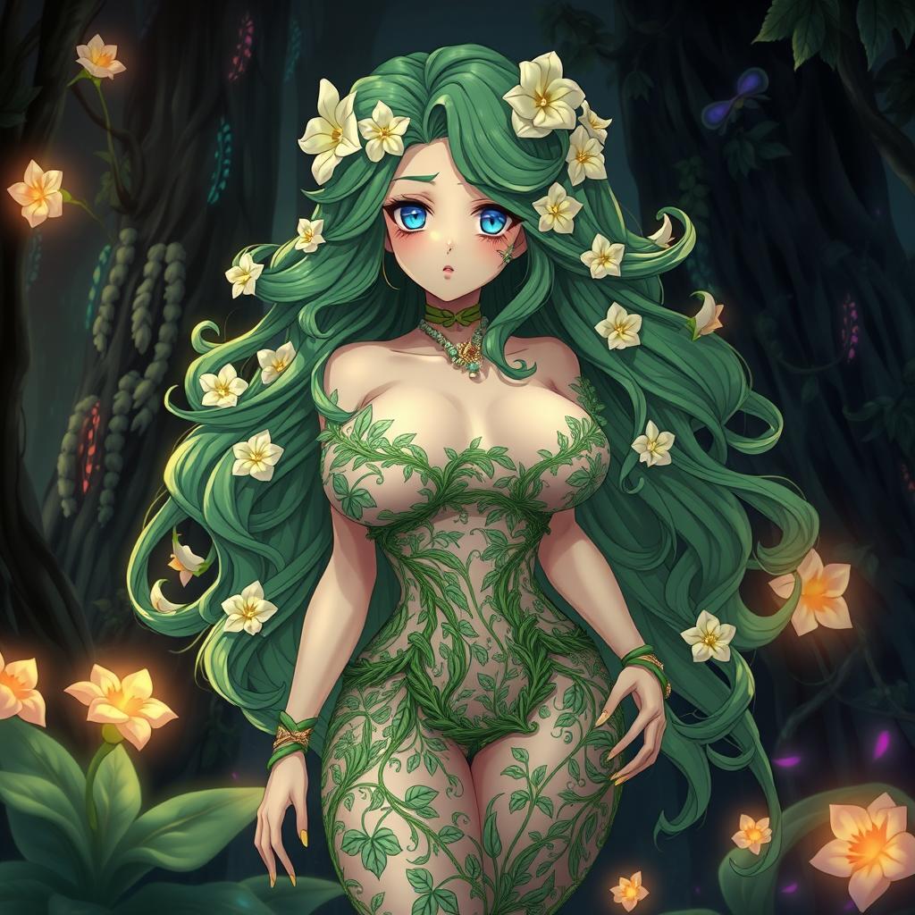 An enchanting anime illustration of a plant girl with long, wavy green hair adorned with elegant cream white flowers