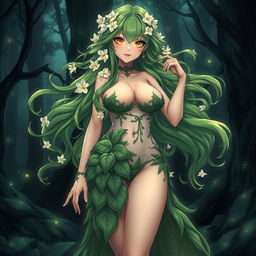 An alluring anime depiction of a plant girl with long, wavy green hair adorned with delicate cream white flowers