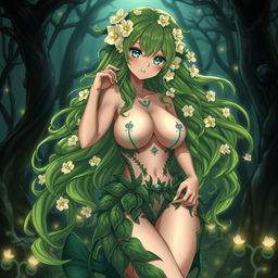 An alluring anime depiction of a plant girl with long, wavy green hair adorned with delicate cream white flowers