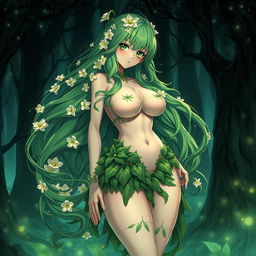 An alluring anime depiction of a plant girl with long, wavy green hair adorned with delicate cream white flowers