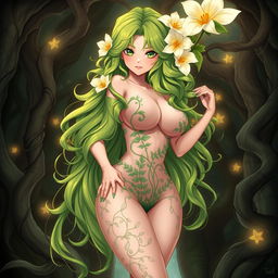 An alluring anime illustration of a plant girl with long, wavy green hair adorned with beautiful cream white flowers