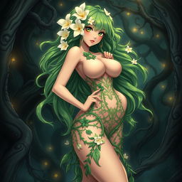 An alluring anime illustration of a plant girl with long, wavy green hair adorned with beautiful cream white flowers