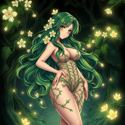 An alluring anime illustration of a plant girl with long, wavy green hair adorned with beautiful cream white flowers