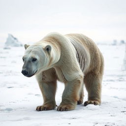 An emaciated polar bear in a stark, icy Arctic landscape