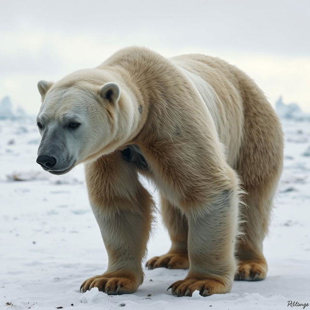 An emaciated polar bear in a stark, icy Arctic landscape