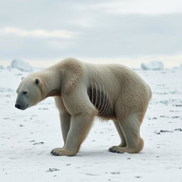 An emaciated polar bear in a stark, icy Arctic landscape