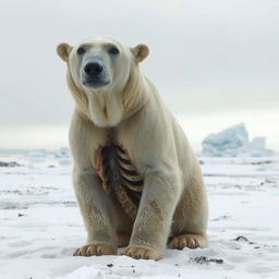 An emaciated polar bear in a stark, icy Arctic landscape
