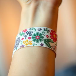 A close-up view of a creative and artistic bandage design, featuring intricate patterns and textures such as floral motifs, vibrant colors, and abstract shapes