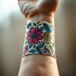 A close-up view of a creative and artistic bandage design, featuring intricate patterns and textures such as floral motifs, vibrant colors, and abstract shapes