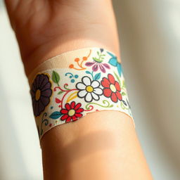 A close-up view of a creative and artistic bandage design, featuring intricate patterns and textures such as floral motifs, vibrant colors, and abstract shapes