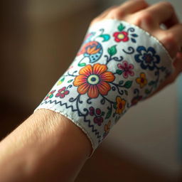 A close-up view of a creative and artistic bandage design, featuring intricate patterns and textures such as floral motifs, vibrant colors, and abstract shapes