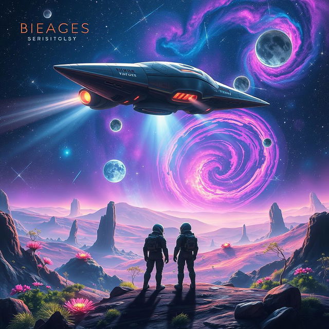 An awe-inspiring space exploration scene perfect for a sci-fi book cover