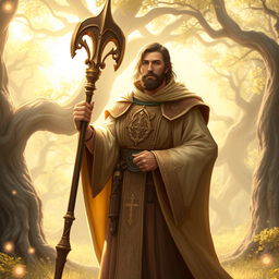 A sacred humanoid Paladin character of the human race, in his mid-30s, of average build, holding a majestic halberd