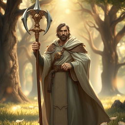 A sacred humanoid Paladin character of the human race, in his mid-30s, of average build, holding a majestic halberd