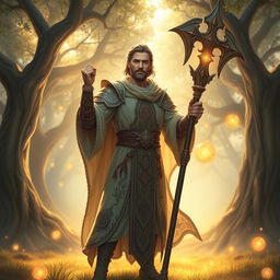 A sacred humanoid Paladin character of the human race, in his mid-30s, of average build, holding a majestic halberd