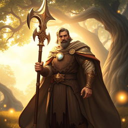 A sacred humanoid Paladin character of the human race, in his mid-30s, of average build, holding a majestic halberd