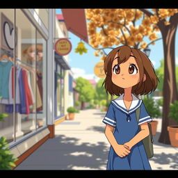 On a sunny day, an animated pre-adolescent girl with a light caramel skin tone, medium-length brown hair, and light brown eyes is returning home from school in a blue uniform