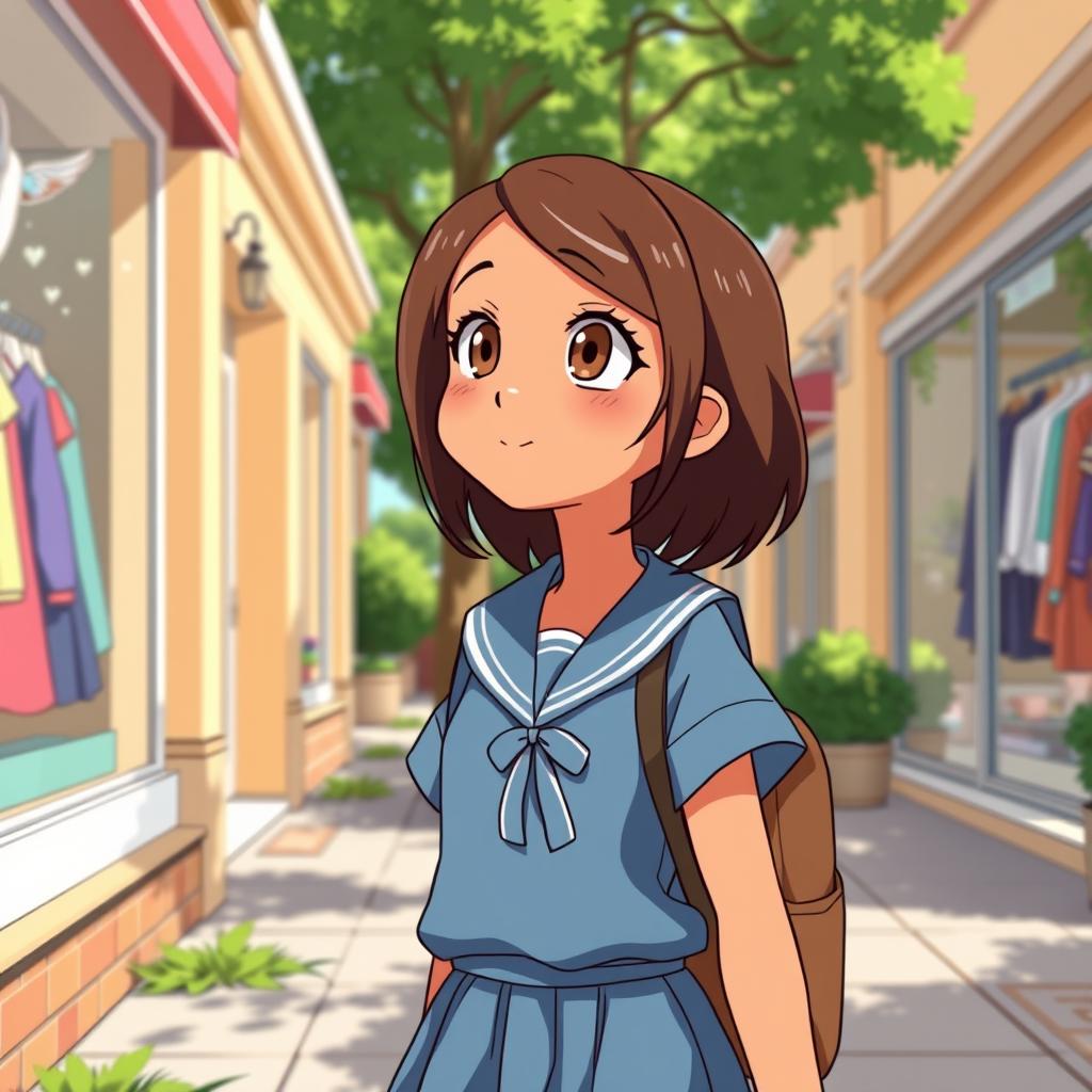 On a sunny day, an animated pre-adolescent girl with a light caramel skin tone, medium-length brown hair, and light brown eyes is returning home from school in a blue uniform