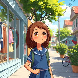 On a sunny day, an animated pre-adolescent girl with a light caramel skin tone, medium-length brown hair, and light brown eyes is returning home from school in a blue uniform
