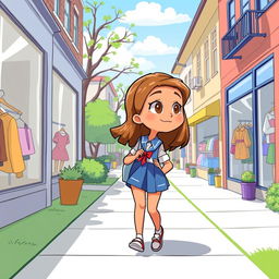 In a cartoon style, on a sunny day, a pre-adolescent girl with a light caramel skin tone, medium-length brown hair, and light brown eyes is returning home from school in a blue uniform