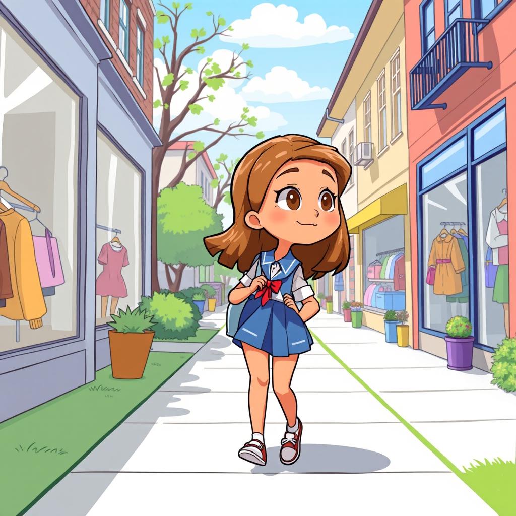 In a cartoon style, on a sunny day, a pre-adolescent girl with a light caramel skin tone, medium-length brown hair, and light brown eyes is returning home from school in a blue uniform