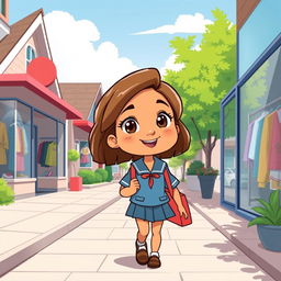 In a cartoon style, on a sunny day, a pre-adolescent girl with a light caramel skin tone, medium-length brown hair, and light brown eyes is returning home from school in a blue uniform