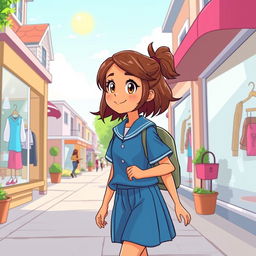 In a cartoon style, on a sunny day, a pre-adolescent girl with a light caramel skin tone, medium-length brown hair, and light brown eyes is returning home from school in a blue uniform