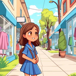 In a cartoon style, on a sunny day, a pre-adolescent girl with a light caramel skin tone, medium-length brown hair, and light brown eyes is returning home from school in a blue uniform