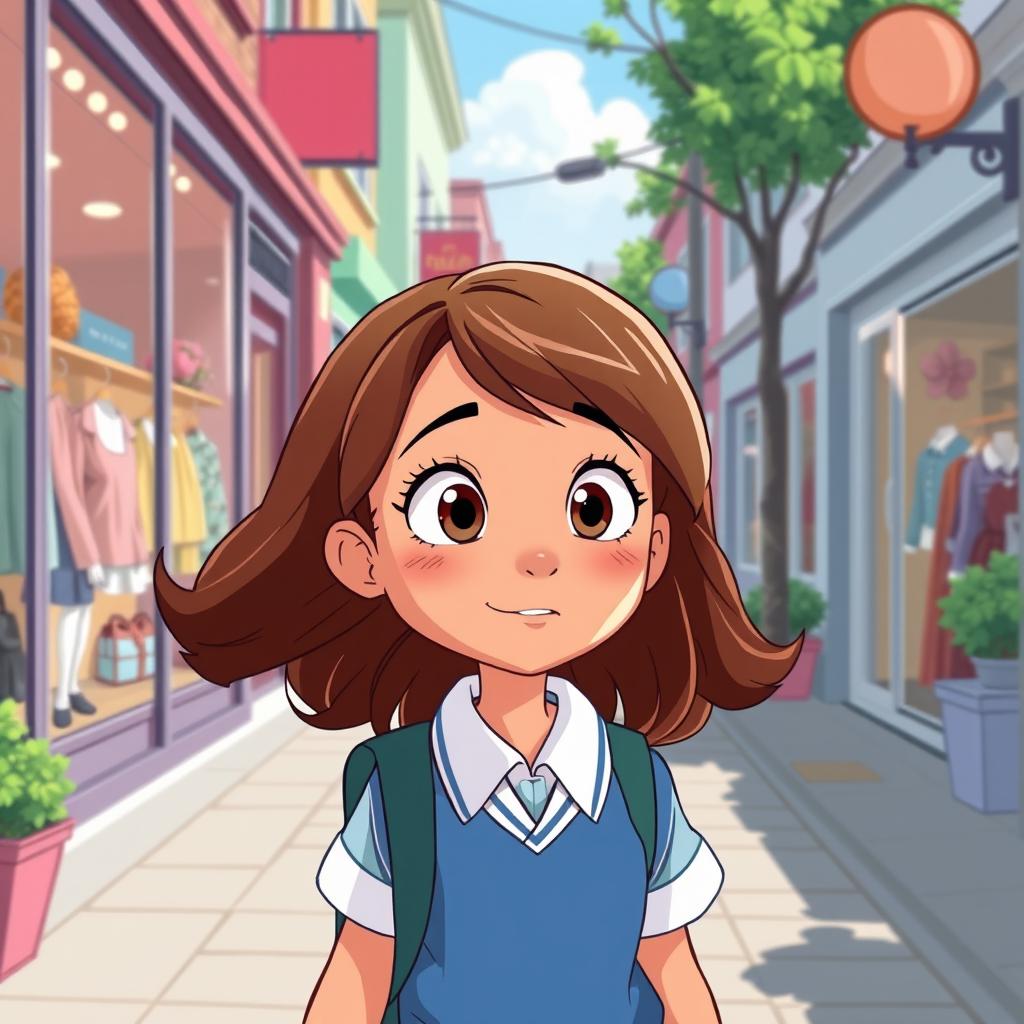 In a cartoon style, on a sunny day, a pre-adolescent girl with light caramel skin tone, medium-length brown hair, and light brown eyes is returning home from school in a blue uniform