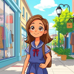 In a cartoon style, on a sunny day, a pre-adolescent girl with light caramel skin tone, medium-length brown hair, and light brown eyes is returning home from school in a blue uniform