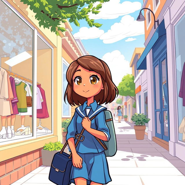 In a cartoon style, on a sunny day, a pre-adolescent girl with light caramel skin tone, medium-length brown hair, and light brown eyes is returning home from school in a blue uniform