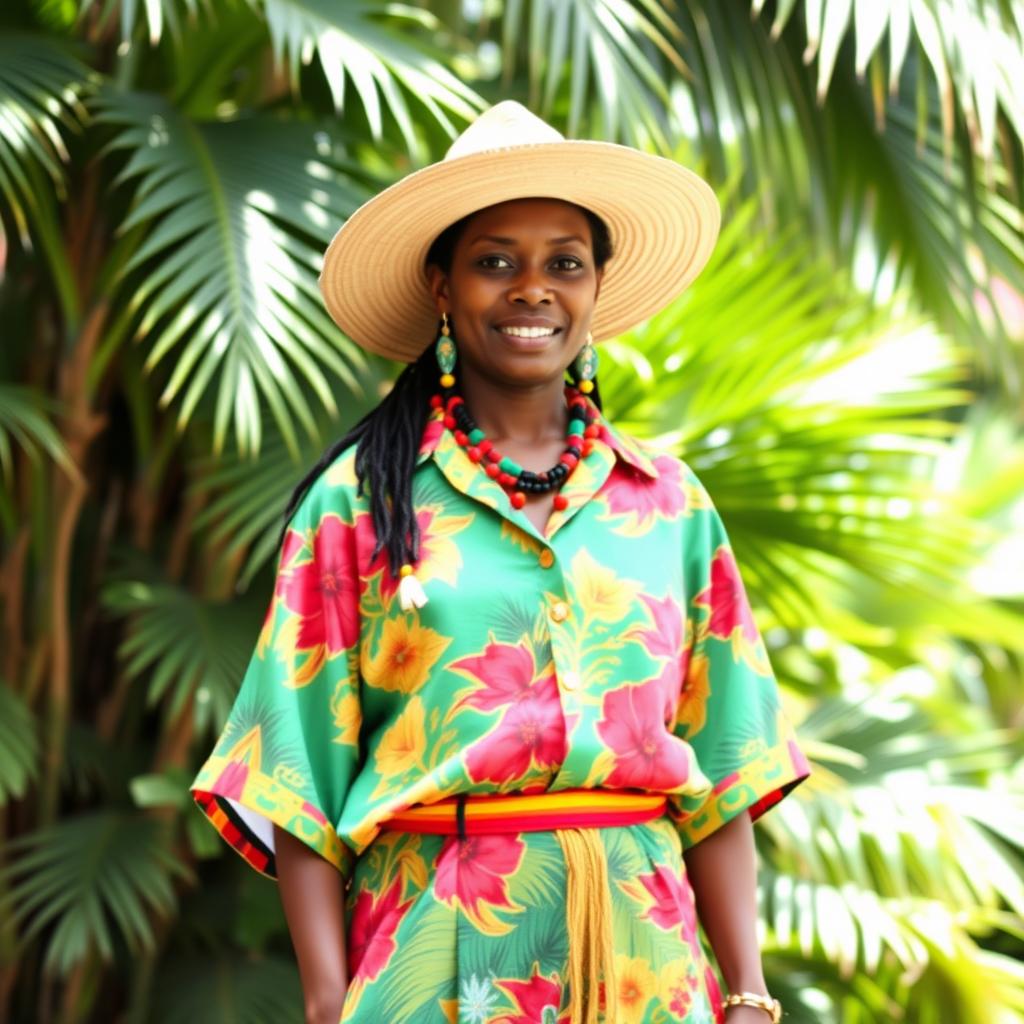 A person dressed in traditional Saint Kitts and Nevis clothing, showcasing vibrant colors and patterns typical of the Caribbean culture