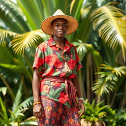 A person dressed in traditional Saint Kitts and Nevis clothing, showcasing vibrant colors and patterns typical of the Caribbean culture