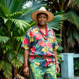 A person dressed in traditional Saint Kitts and Nevis clothing, showcasing vibrant colors and patterns typical of the Caribbean culture