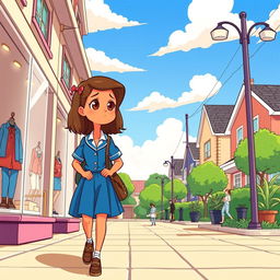 In a cartoon style, on a sunny day, a pre-adolescent girl with a light caramel skin tone, medium-length brown hair, and light brown eyes is returning home from school in a blue uniform