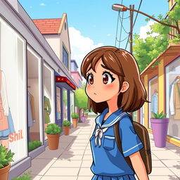 In a cartoon style, on a sunny day, a pre-adolescent girl with a light caramel skin tone, medium-length brown hair, and light brown eyes is returning home from school in a blue uniform