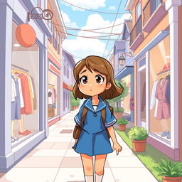In a cartoon style, on a sunny day, a pre-adolescent girl with a light caramel skin tone, medium-length brown hair, and light brown eyes is returning home from school in a blue uniform