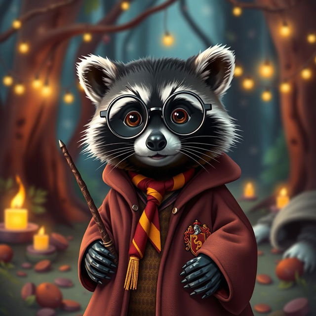 A cute raccoon dressed as Harry Potter, wearing round glasses, a Hogwarts robe in Gryffindor colors, and a small red and gold tie
