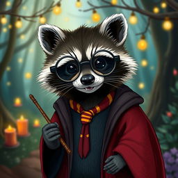 A cute raccoon dressed as Harry Potter, wearing round glasses, a Hogwarts robe in Gryffindor colors, and a small red and gold tie