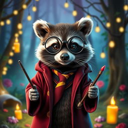 A cute raccoon dressed as Harry Potter, wearing round glasses, a Hogwarts robe in Gryffindor colors, and a small red and gold tie