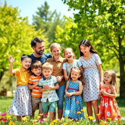 A happy family of eight, including two parents - a father and a mother - with three boys and three girls as their children