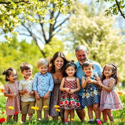 A happy family of eight, including two parents - a father and a mother - with three boys and three girls as their children