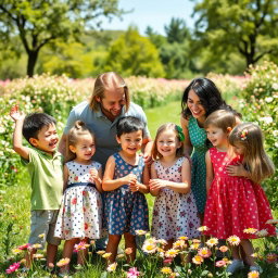 A happy family of eight, including two parents - a father and a mother - with three boys and three girls as their children