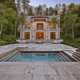 An elegant and timeless mansion surrounded by nature, with grand marble floors, an outdoor deck, a lush home garden, queen-sized bedroom, a separate library complete with a pool table, a convertible swimming pool to hot tub, and a personal theater room with a built-in side bar.