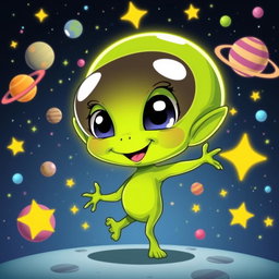 A whimsical, colorful animation style featuring a small alien character